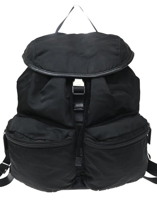 Prada Handbags - PRADA Logo Drawstring Backpack Bag Tessuto Nylon Leather Black Silver 62KD432